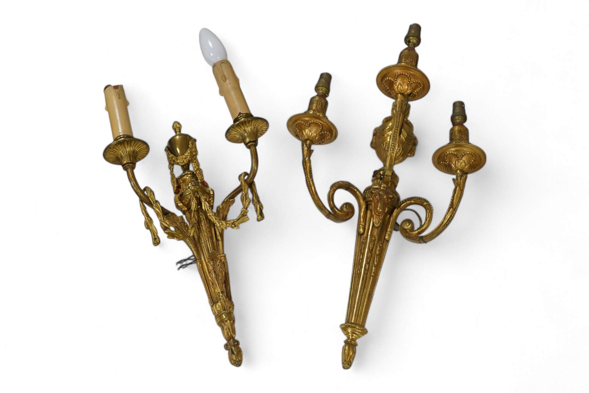 Two early 20th century ormolu wall sconces, largest 44cm. Condition - fair to good